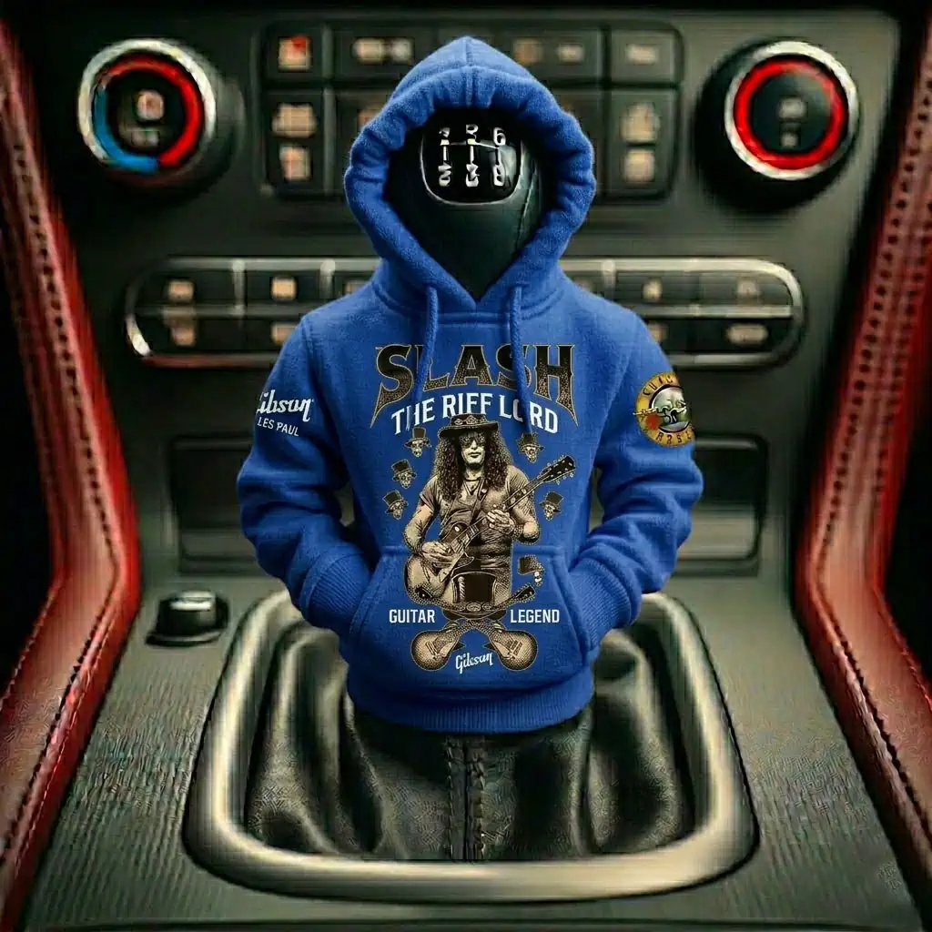 The Guitar Legend Slash Gibson Les Paul Car Gear Shifts Hoodies 6 Blue miniature hoodie featuring Slash on a car gear shift knob