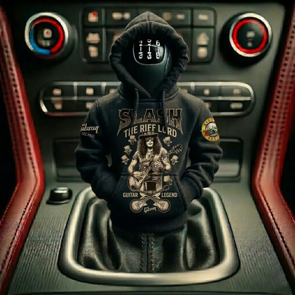The Guitar Legend Slash Gibson Les Paul Car Gear Shifts Hoodies 8 Slash The Riff Lord gear shift cover in a car interior
