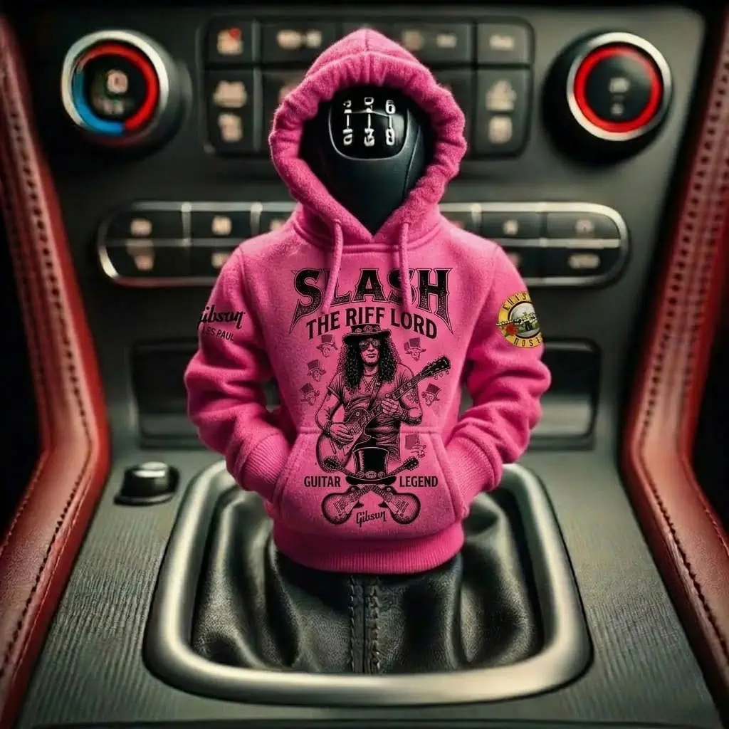 The Guitar Legend Slash Gibson Les Paul Car Gear Shifts Hoodies 9 Car gear shifter wearing a pink hoodie with Slash graphic
