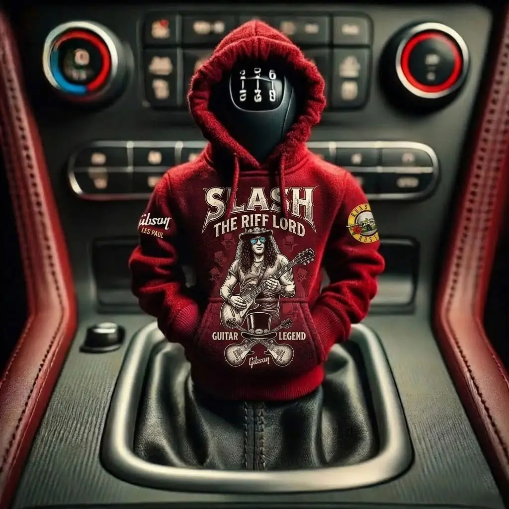 The Guitar Legend Slash Gibson Les Paul Car Gear Shifts Hoodies 10 A miniature red hoodie covering a car gear shift knob featuring a Slash graphic.