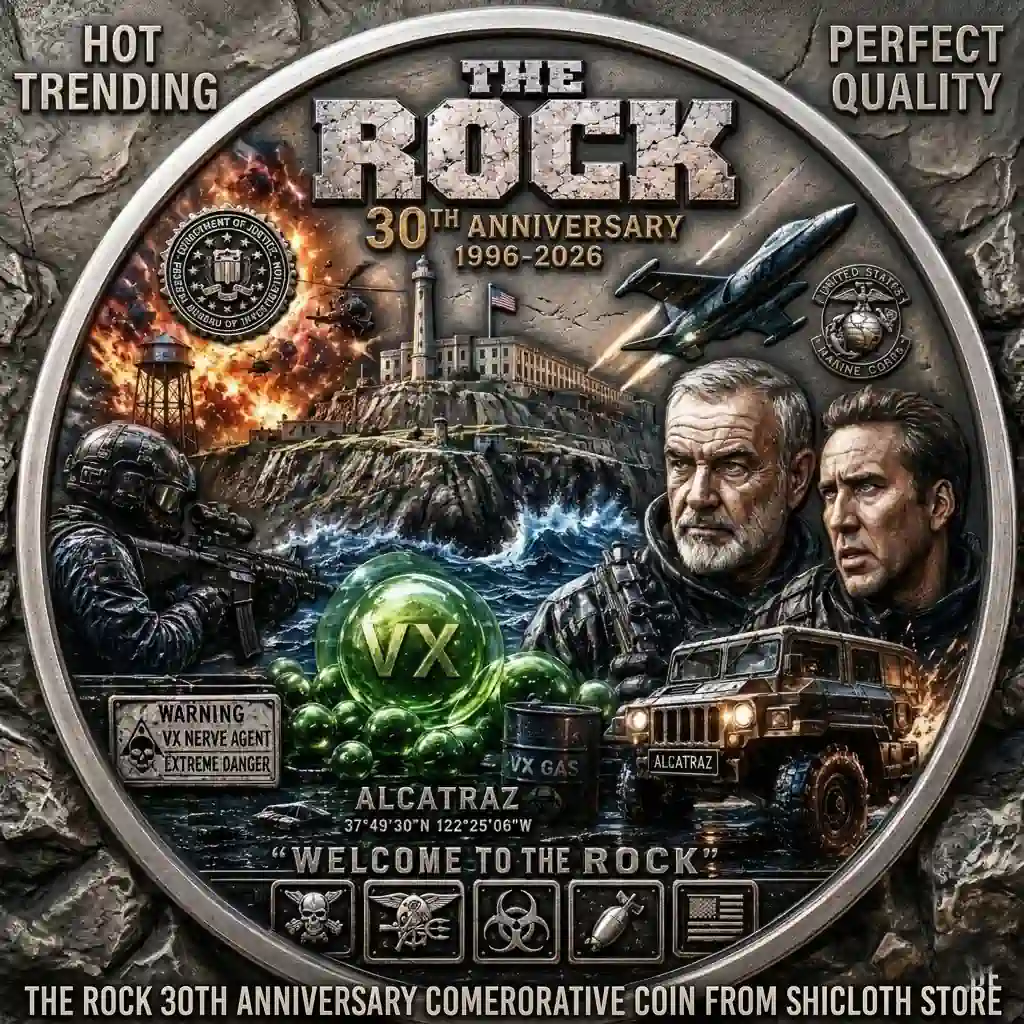 A detailed commemorative coin design for The Rock 30th Anniversary by Shicloth store featuring Alcatraz island with an explosion and characters.