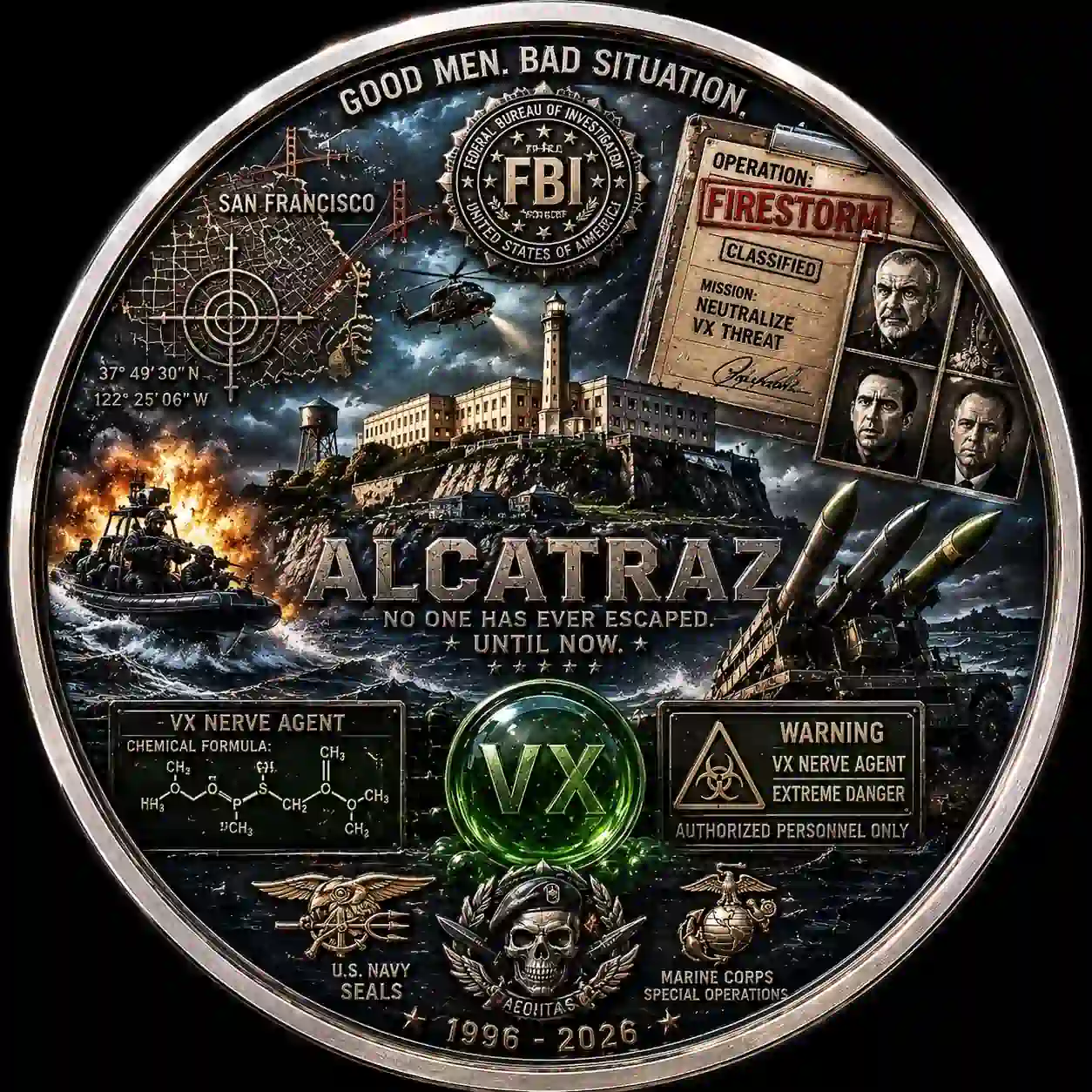 A detailed commemorative coin design for Alcatraz movie showing a map an FBI seal special operations badges and VX nerve agent information.