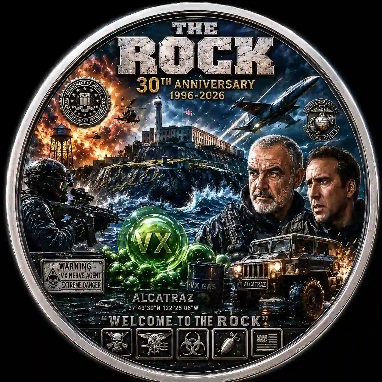 The Rock 30th Anniversary Commemorative Coin 3 A clean and detailed commemorative coin design for The Rock 30th Anniversary without any external advertising text.