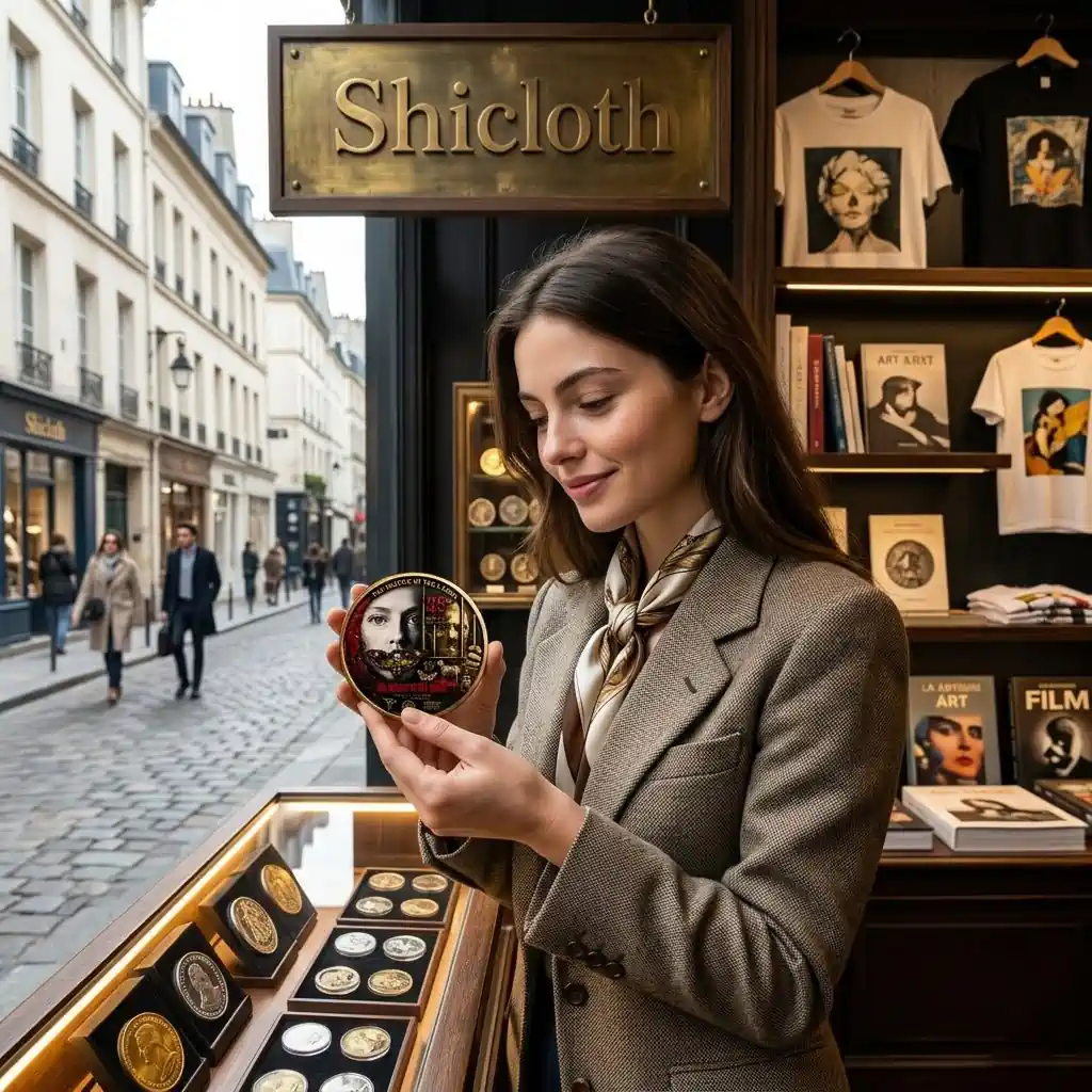 A woman admiring a collector coin in a boutique store on a Paris street.