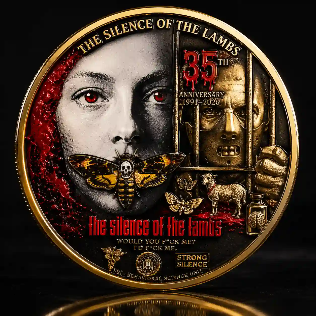 A 35th-anniversary commemorative coin celebrating The Silence of the Lambs movie.