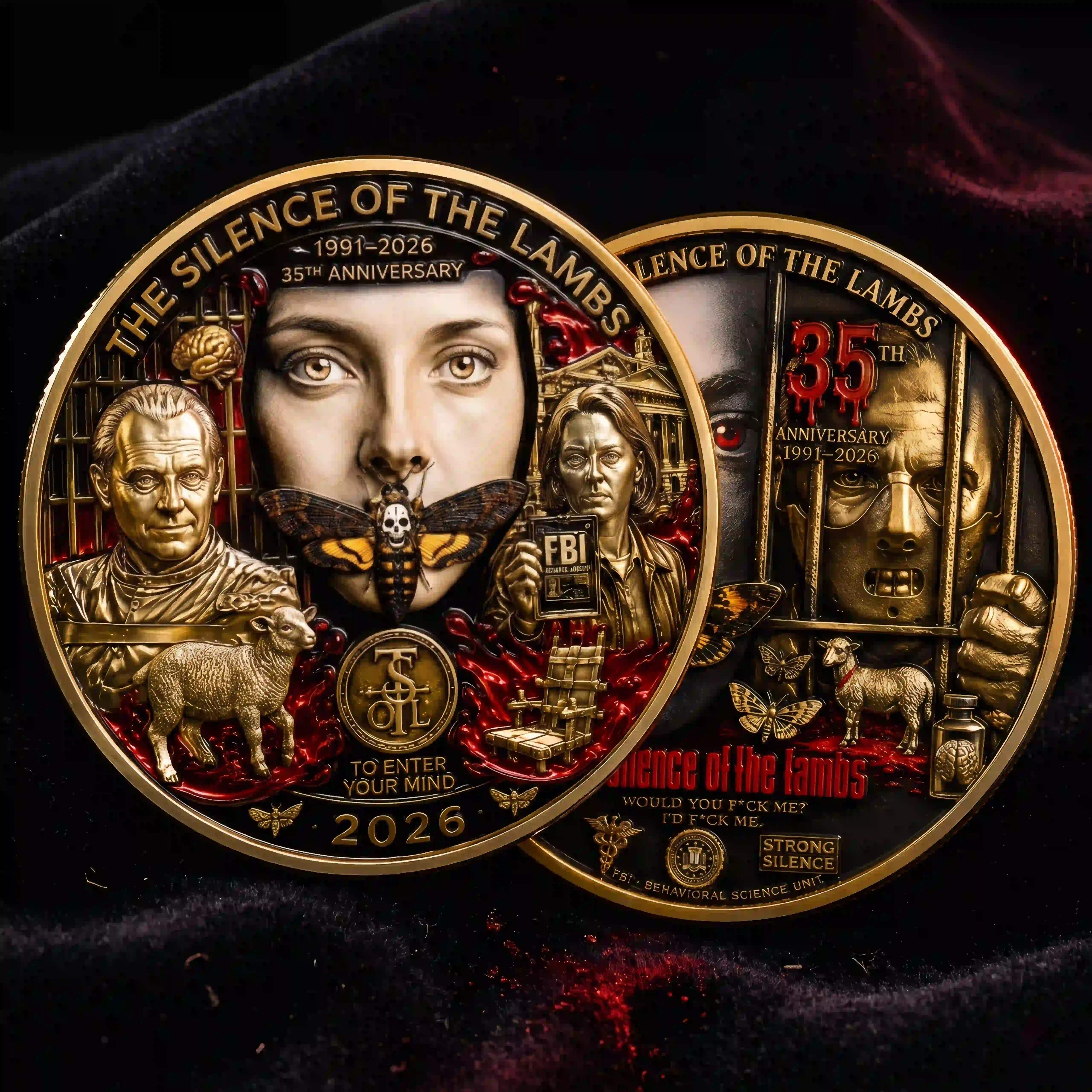 The Silence of the Lambs 35th Anniversary Collectible Coin 3 Two commemorative gold coins honoring the 35th anniversary of The Silence of the Lambs featuring cinematic iconography.