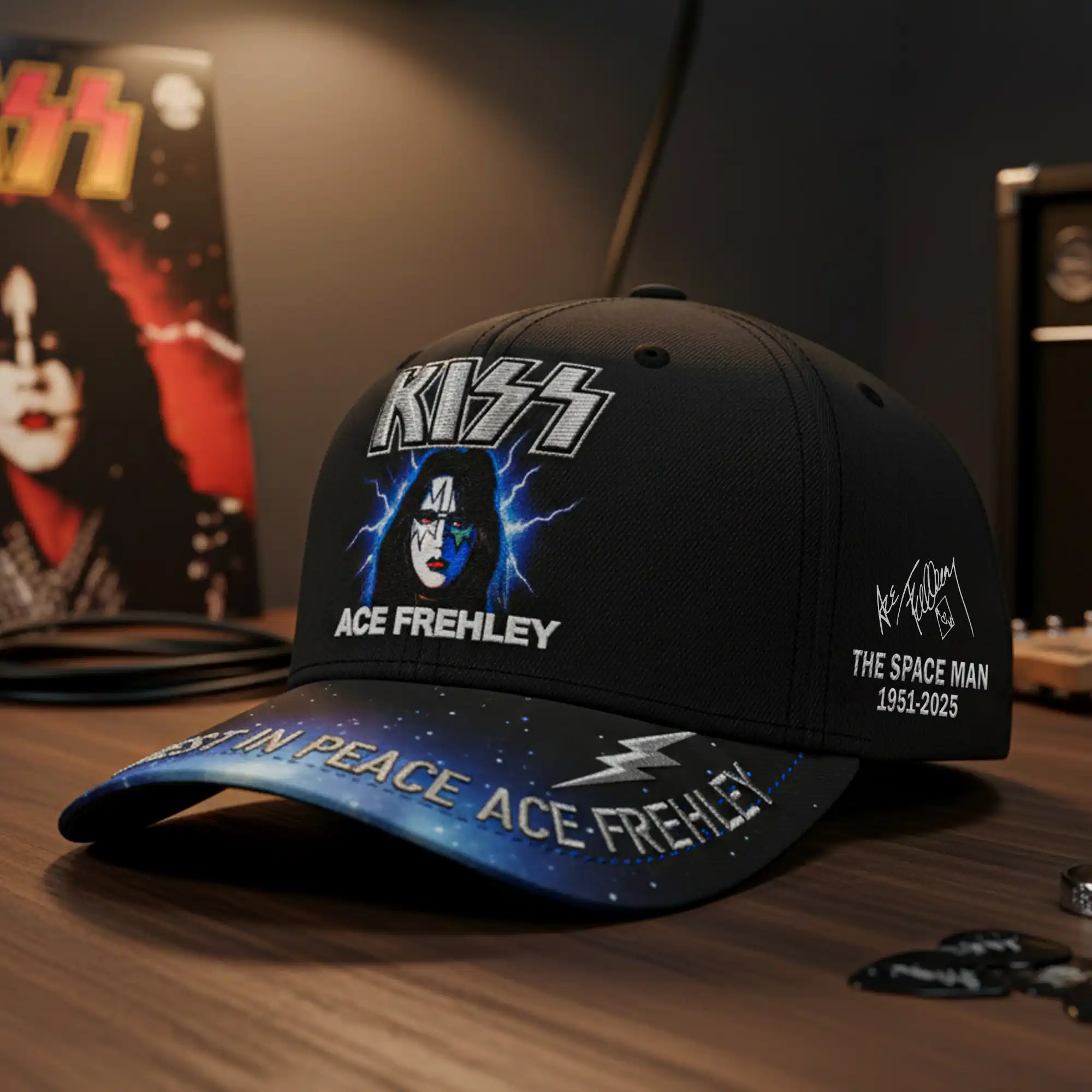 Black Ace Frehley tribute baseball cap with KISS logo and space-themed brim.