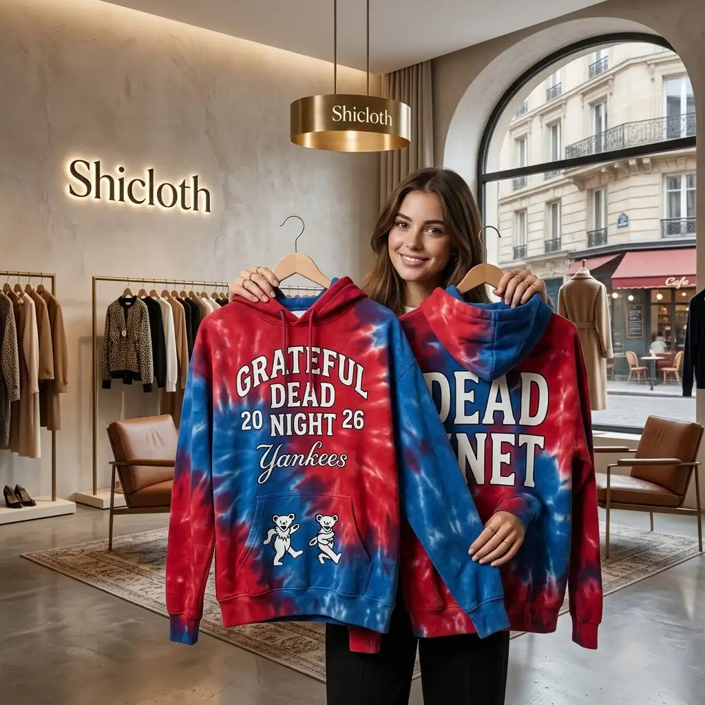 Woman holding red and blue tie-dye Grateful Dead Yankees hooded sweatshirts in a boutique