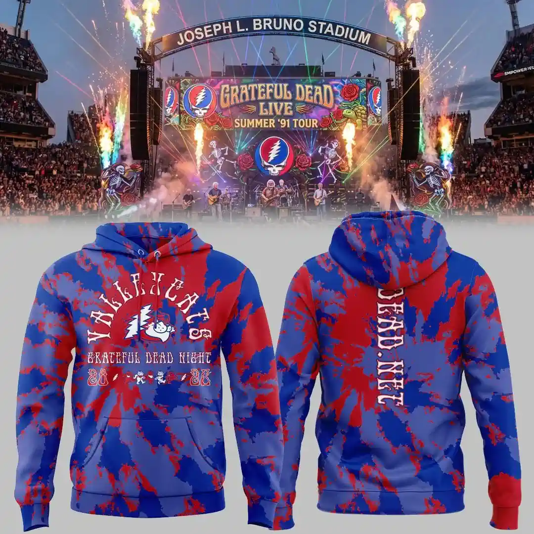 Front and back view of a blue and red tie-dye Grateful Dead Night hoodie against a stadium concert backdrop.