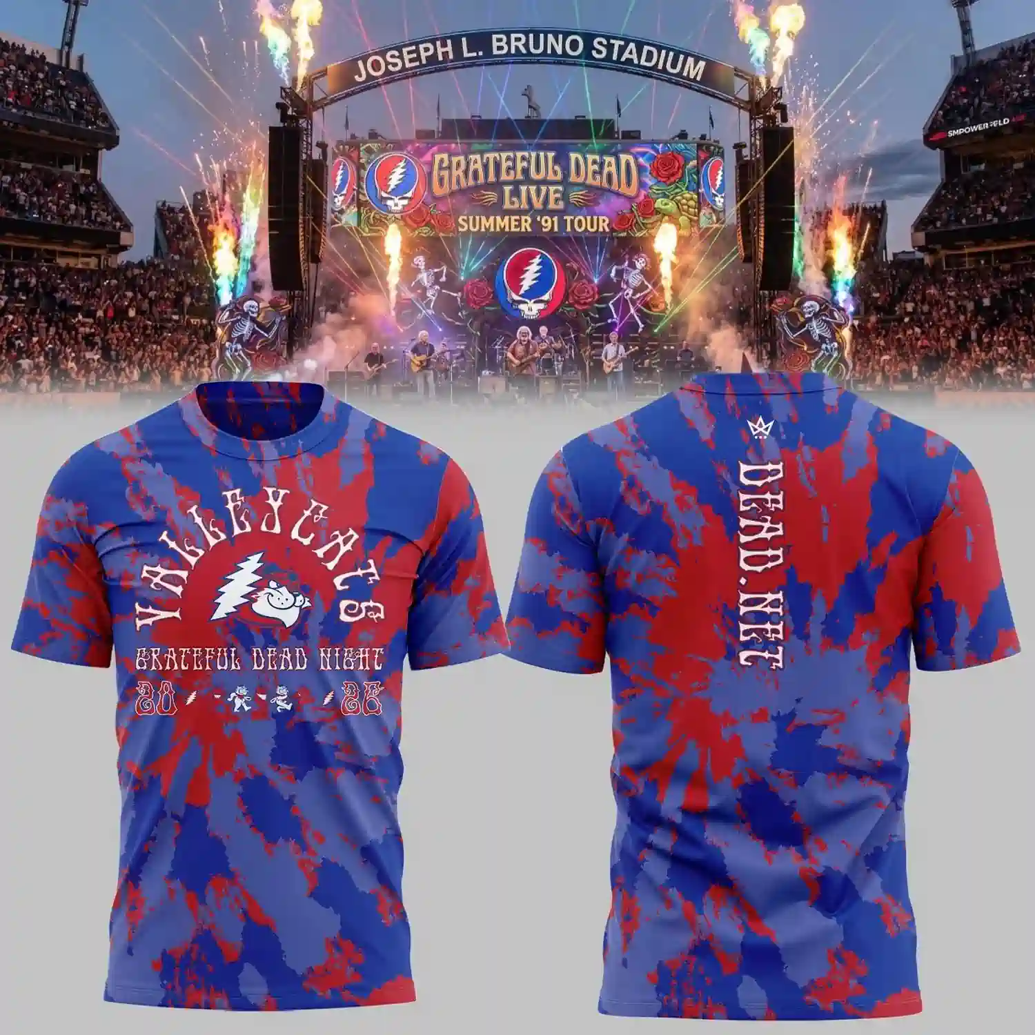 Tri-City ValleyCats x Grateful Dead Night 2026 Tie-Dye Hoodie 3 Tri-City ValleyCats Grateful Dead Night tie-dye t-shirt featuring front and back designs