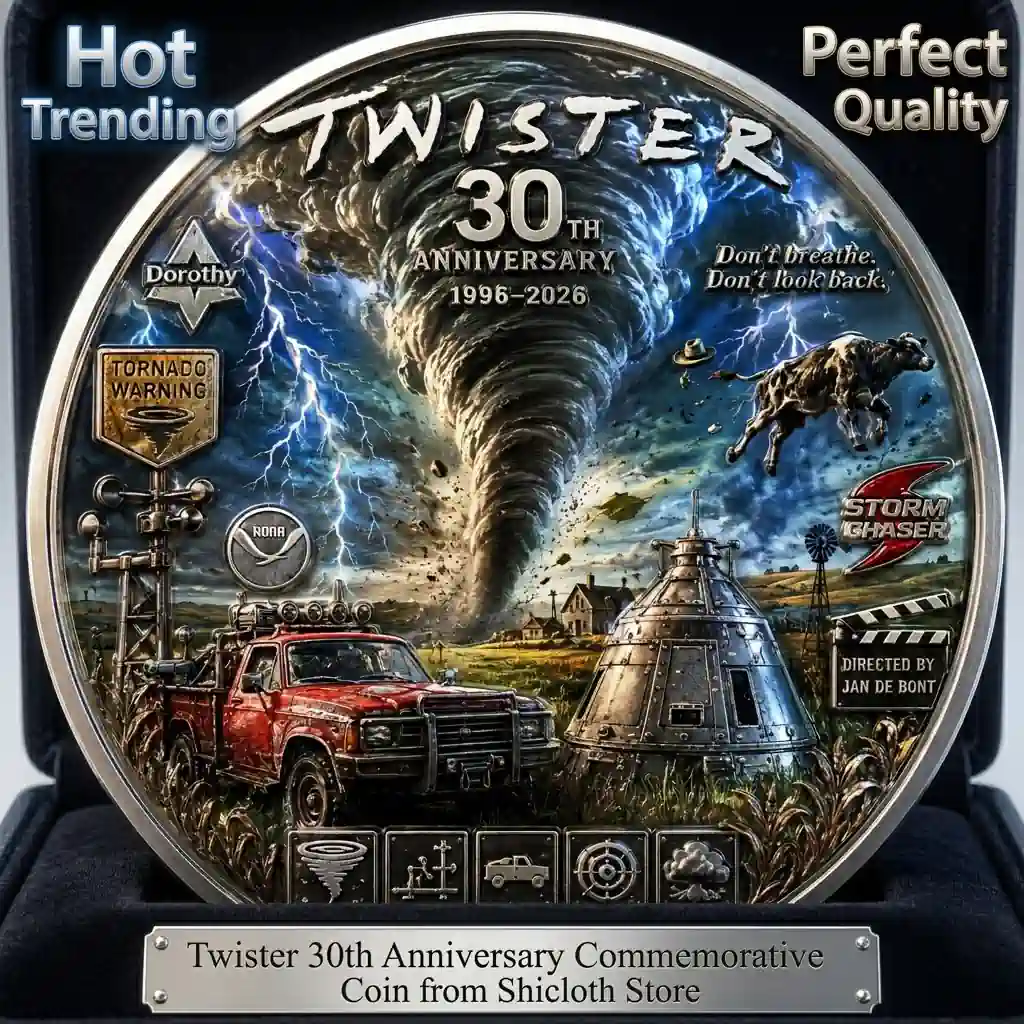 A silver commemorative coin in a black display case featuring a detailed color artwork of a massive tornado over a landscape with lightning a red truck a science pod and various film icons with text Twister 30th Anniversary 1996 2026.