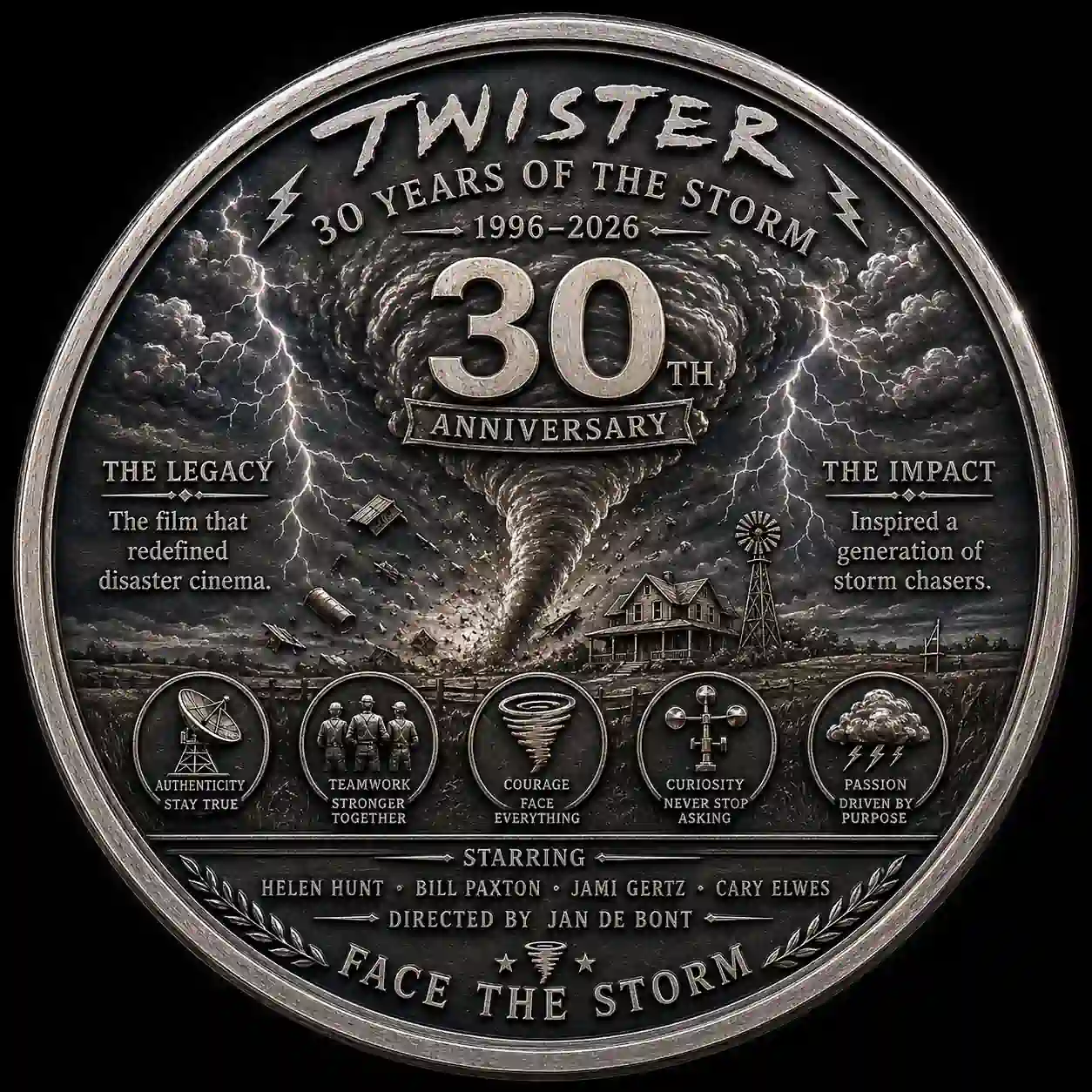 An all silver intricately carved back of a Twister movie commemorative coin with a central tornado a house lightning bolts and detailed lists of actors and impact statements.