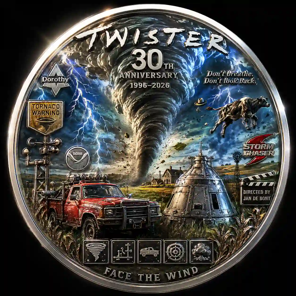 Twister 30th Anniversary Commemorative Coin 3 A close up shot of a circular silver commemorative coin featuring a full color high detail artwork of a tornado a red truck and a flying cow under a storm.
