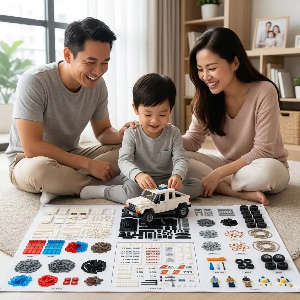 Asian family building a white toy truck from construction bricks on the floor.