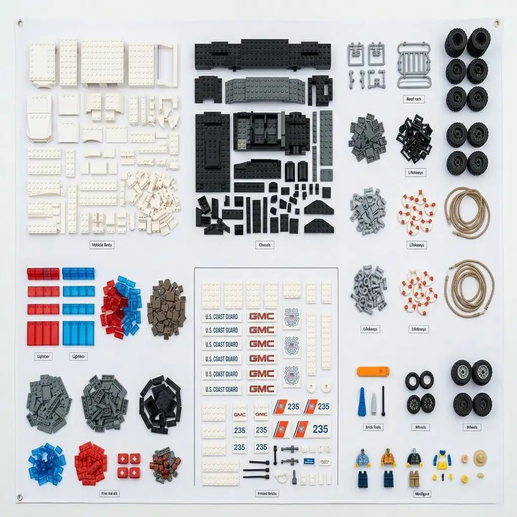 Organized collection of building blocks and accessories for a custom vehicle model.