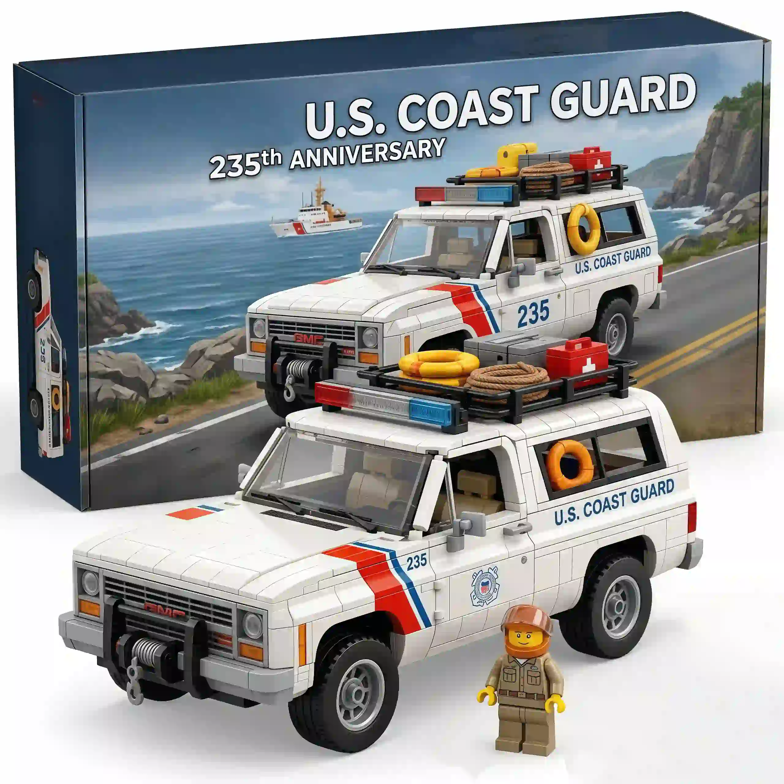 U.S. Coast Guard 235th Anniversary 1980s Utility Rescue Truck Building Brick Set 3 Building block model of a U.S. Coast Guard GMC vehicle with a matching minifigure