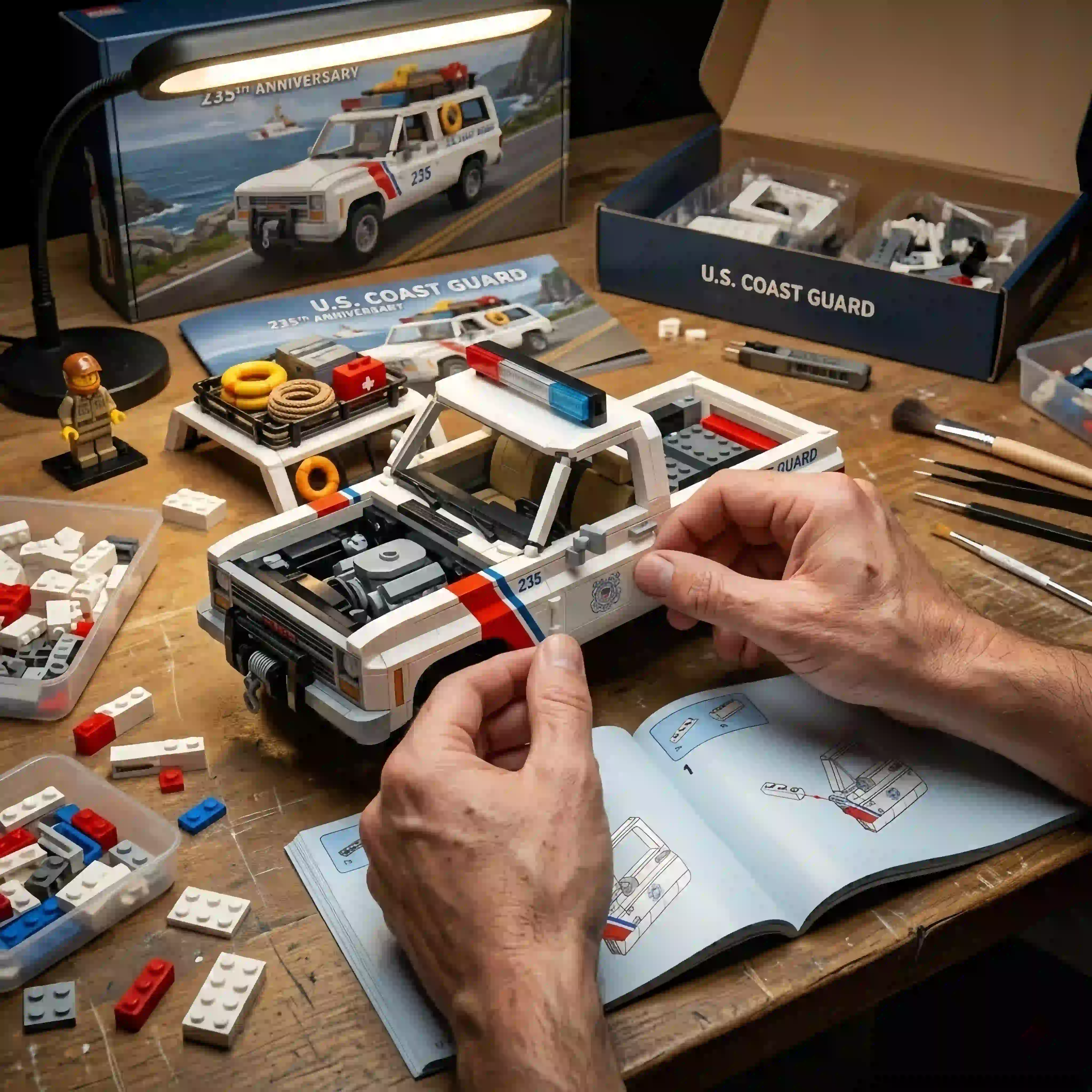 U.S. Coast Guard 235th Anniversary 1980s Utility Rescue Truck Building Brick Set 4 A person building a detailed U.S. Coast Guard model truck from a construction brick kit.