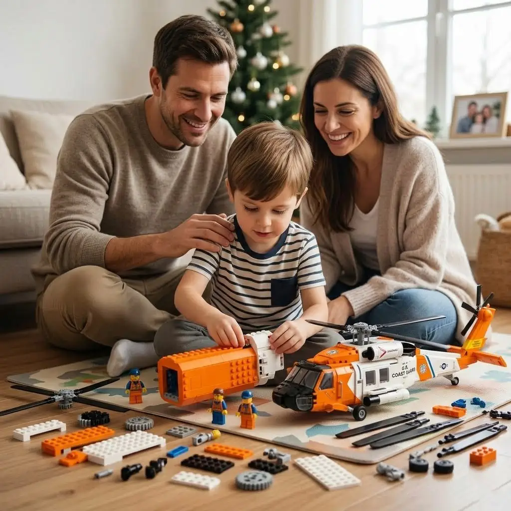 Family playing with a large orange and white rescue helicopter building set at home