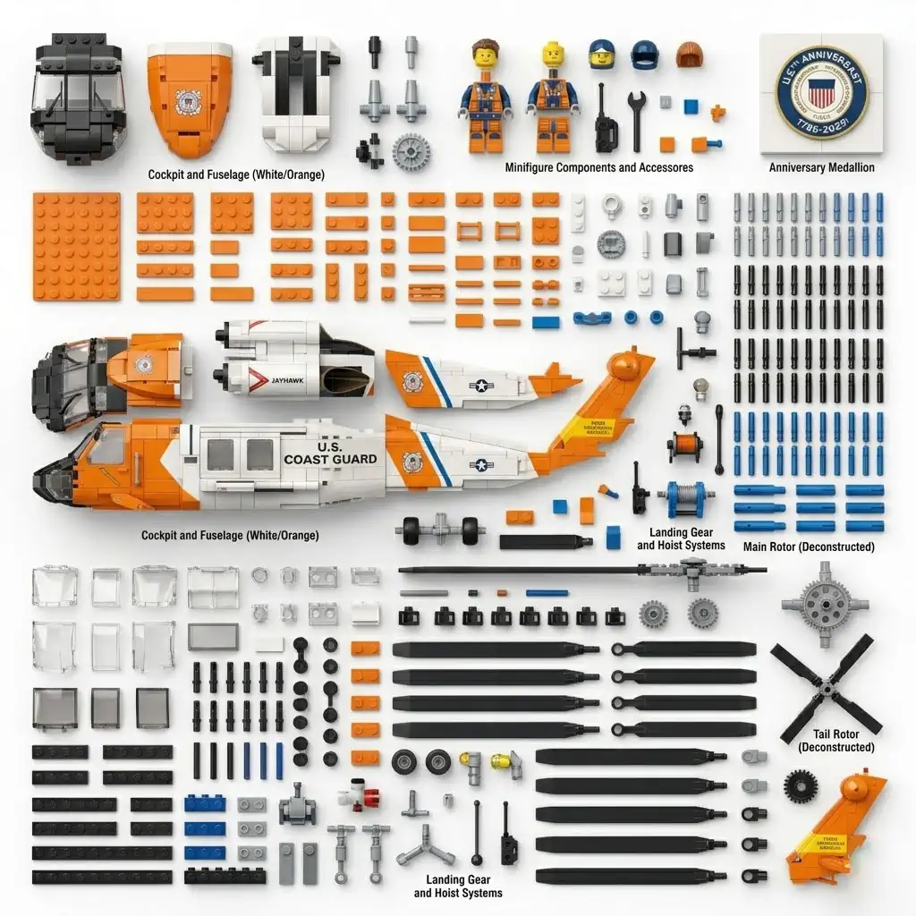 Components for a U.S. Coast Guard helicopter construction set laid out on a white surface