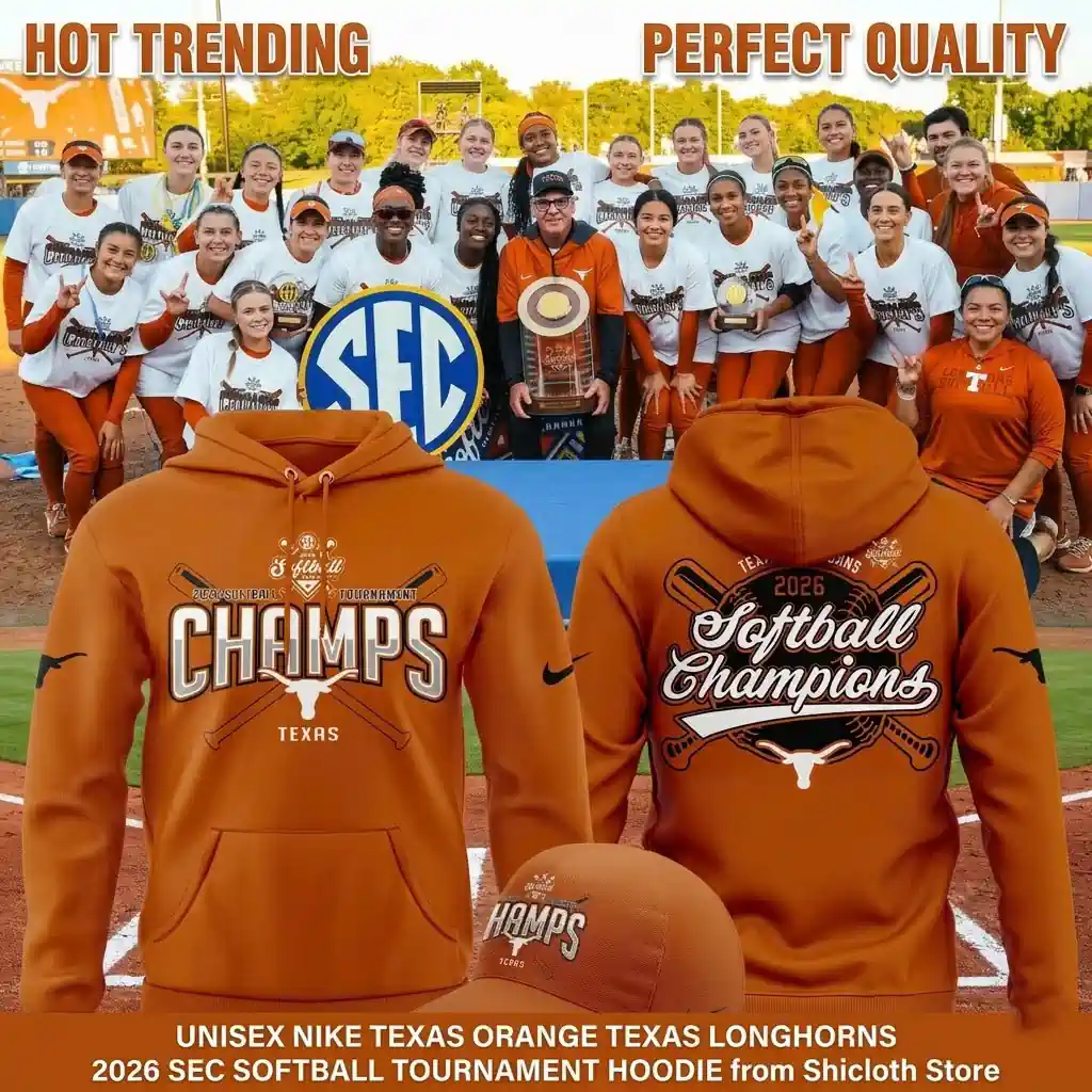 Trending Texas Longhorns championship orange hoodie and cap set with promotional text on a softball field background.