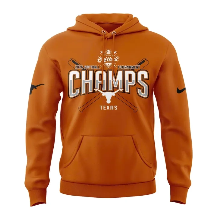 Unisex Nike Texas Orange Texas Longhorns 2026 SEC Softball Tournament Hoodie 3 Front view of an orange hoodie featuring the word Champs with crossed softball bats and the Texas Longhorns logo.