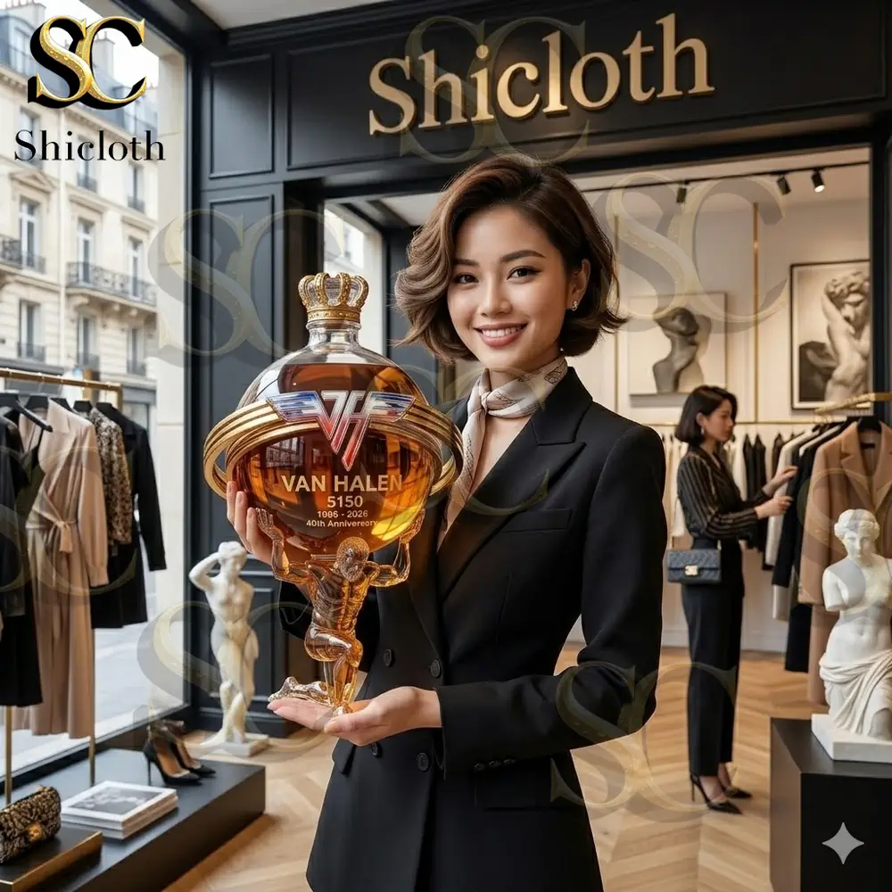 Woman holding Van Halen 5150 collector bottle in luxury fashion store