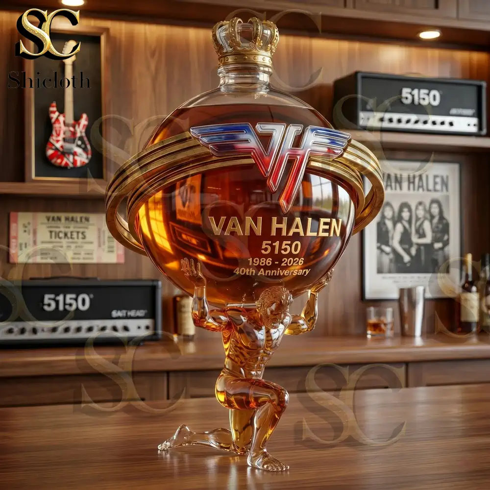 Van Halen 5150 collector bottle on wooden shelf with music themed background