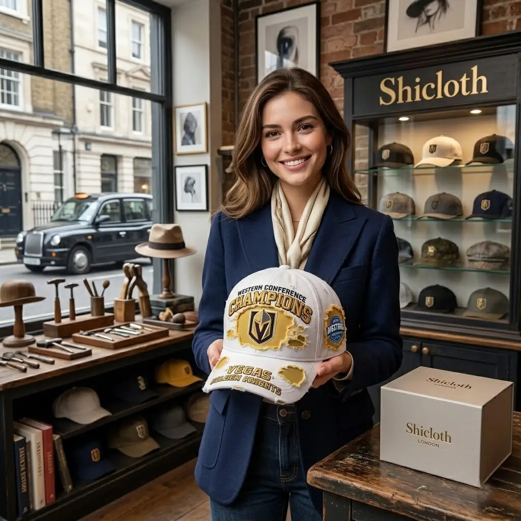 Woman in boutique holding a distressed Vegas Golden Knights championship cap