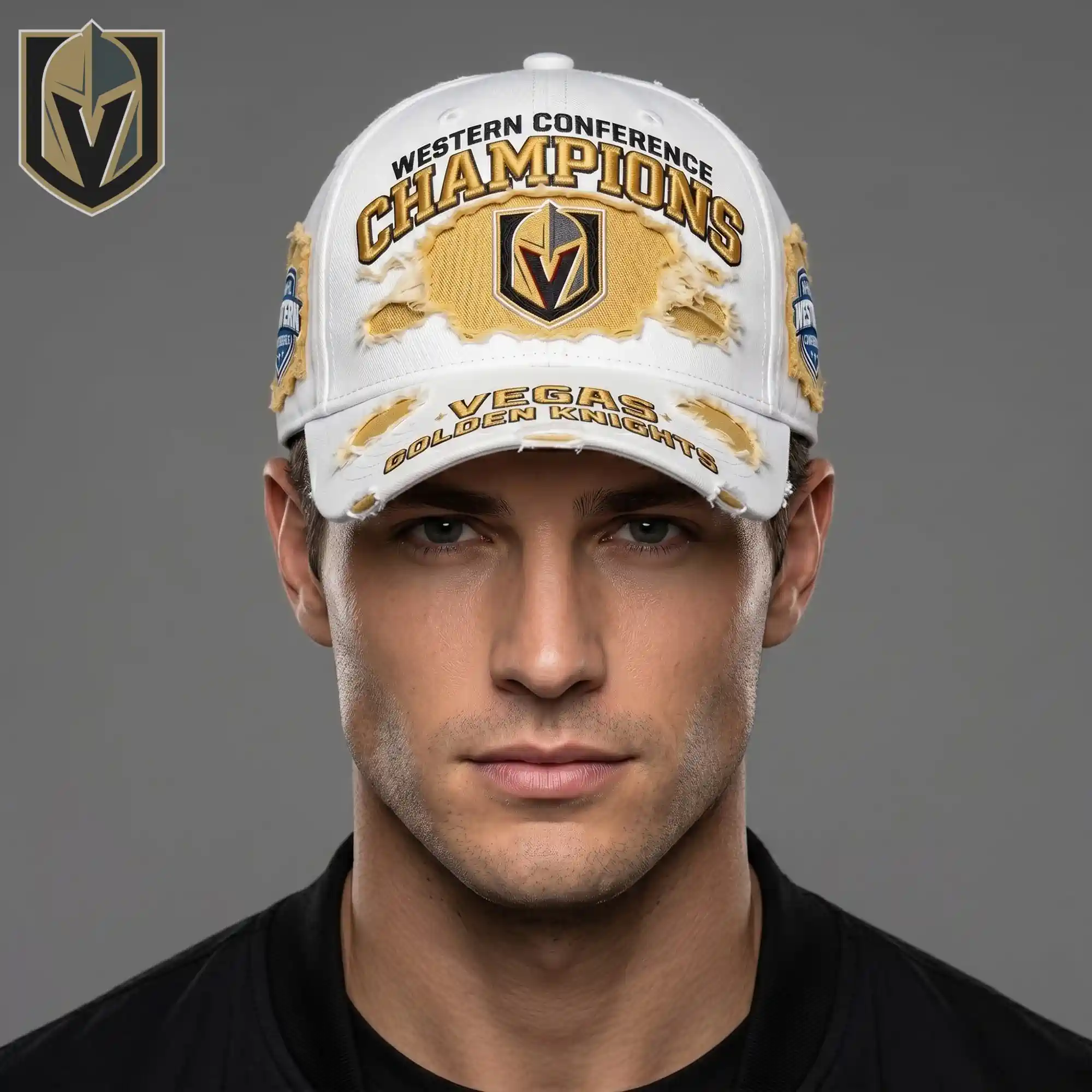 Vegas Golden Knights Western Conference Champions Distressed Cap Hat 3 Man wearing a white Vegas Golden Knights Western Conference Champions hat.