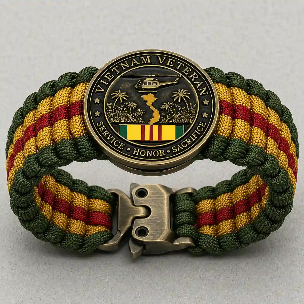 Close-up of Vietnam Veteran Survival Tribute Paracord Bracelet showing medallion and braided strap