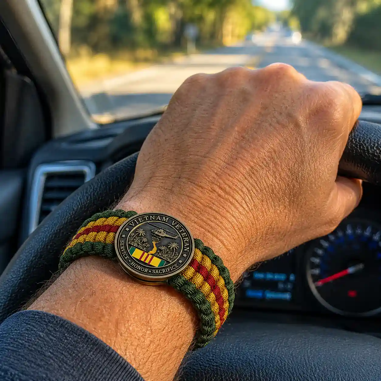 Vietnam Veteran Survival Tribute Paracord Bracelet 3 Vietnam Veteran Survival Tribute Paracord Bracelet worn on wrist while holding steering wheel
