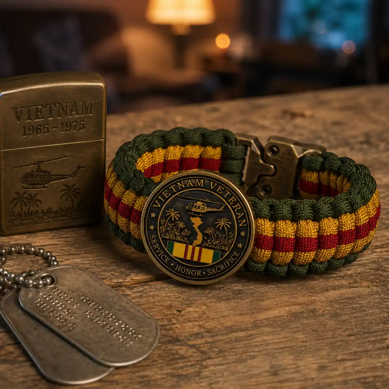 Vietnam Veteran Survival Tribute Paracord Bracelet 5 Vietnam Veteran Survival Tribute Paracord Bracelet displayed with Vietnam 1965 1975 lighter and dog tags