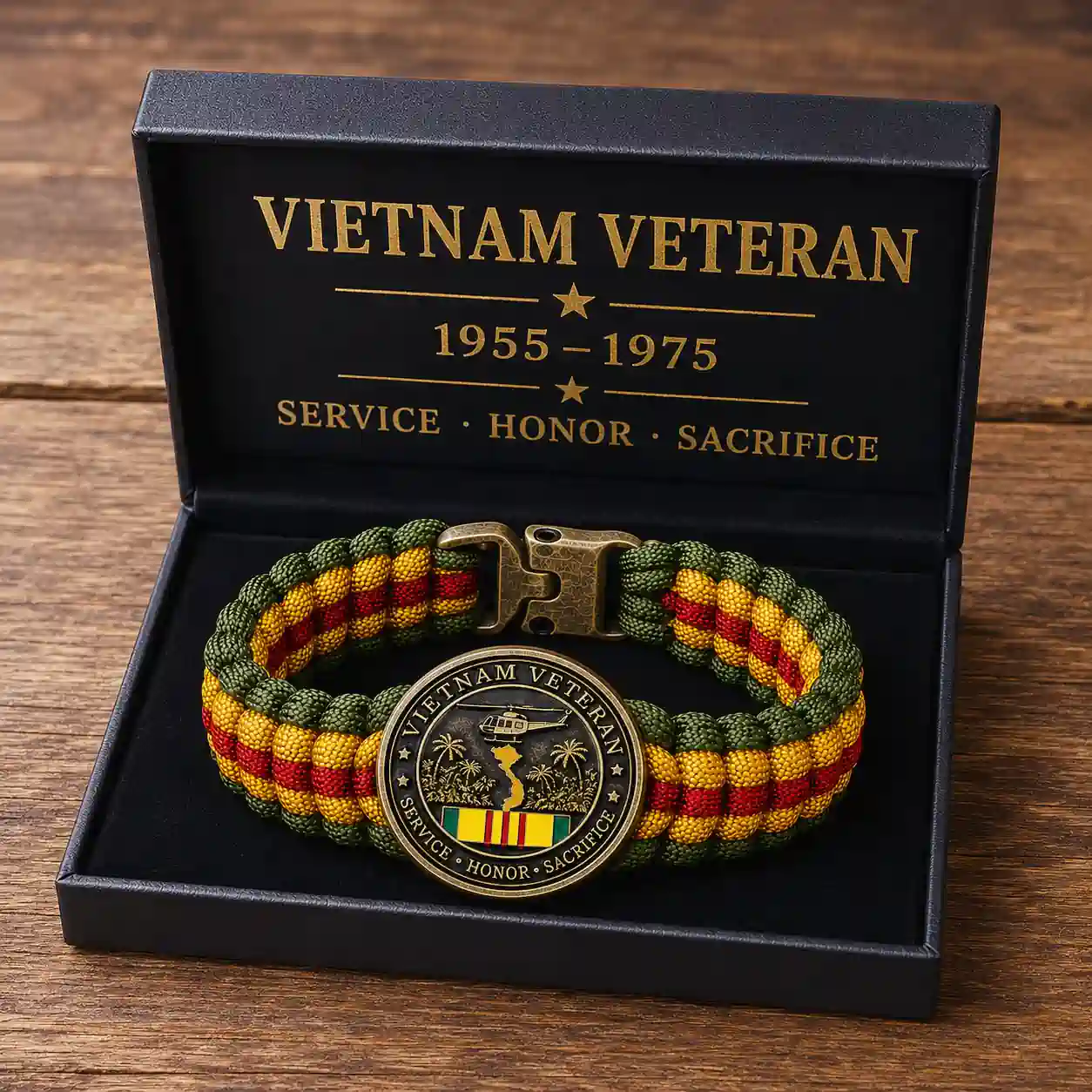Vietnam Veteran Survival Tribute Paracord Bracelet 6 Vietnam Veteran Survival Tribute Paracord Bracelet in black presentation box with service honor sacrifice engraving