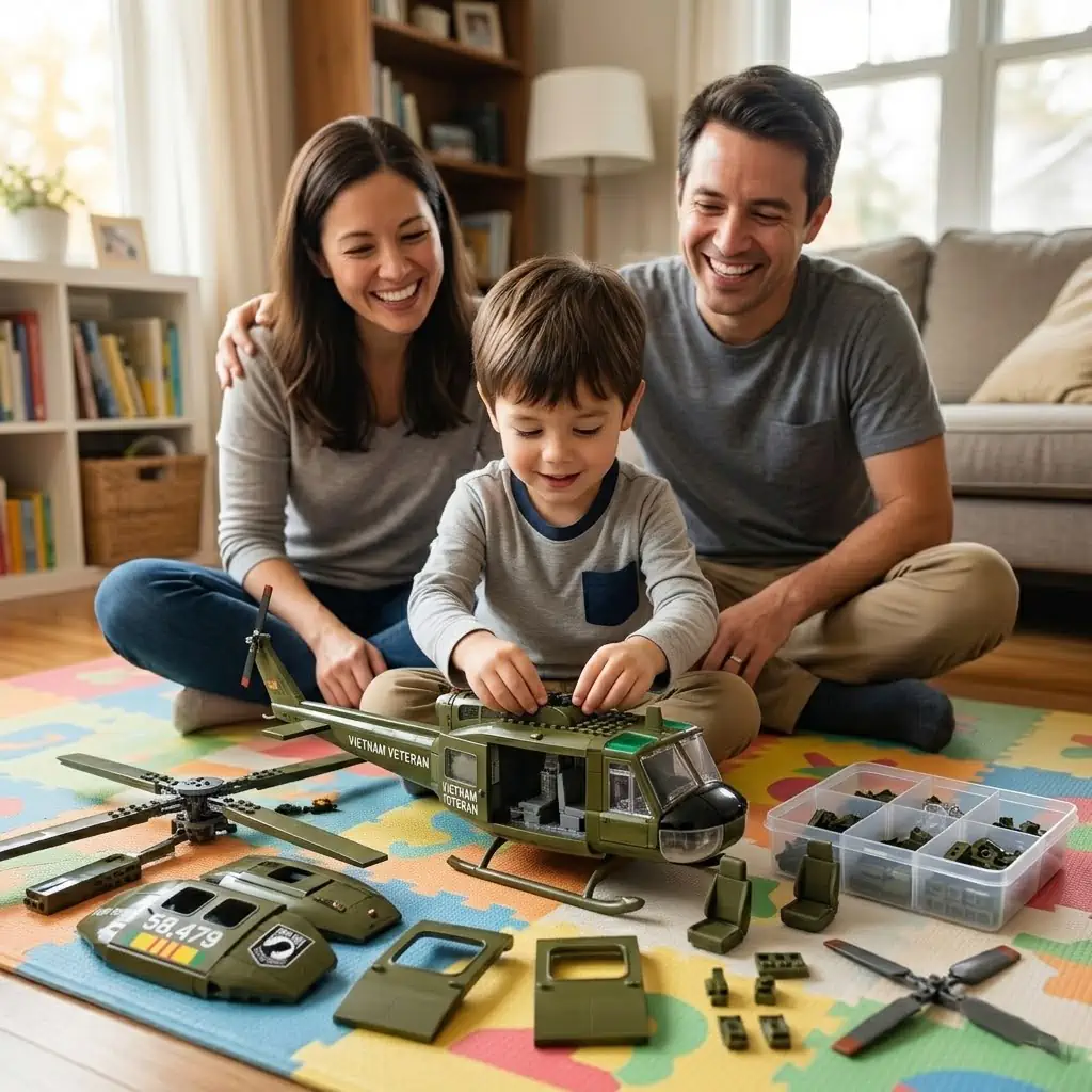 A young boy building a toy helicopter with his parents at home