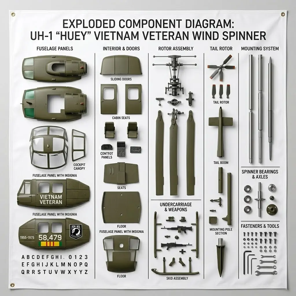 Exploded diagram of a UH-1 Huey helicopter metal wind spinner with labeled parts.