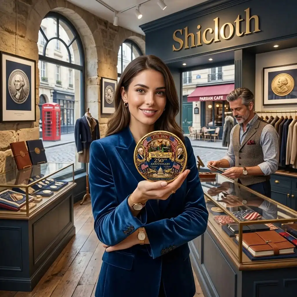 Woman in a velvet blazer holding a 250th anniversary commemorative US Constitution plate in a luxury shop