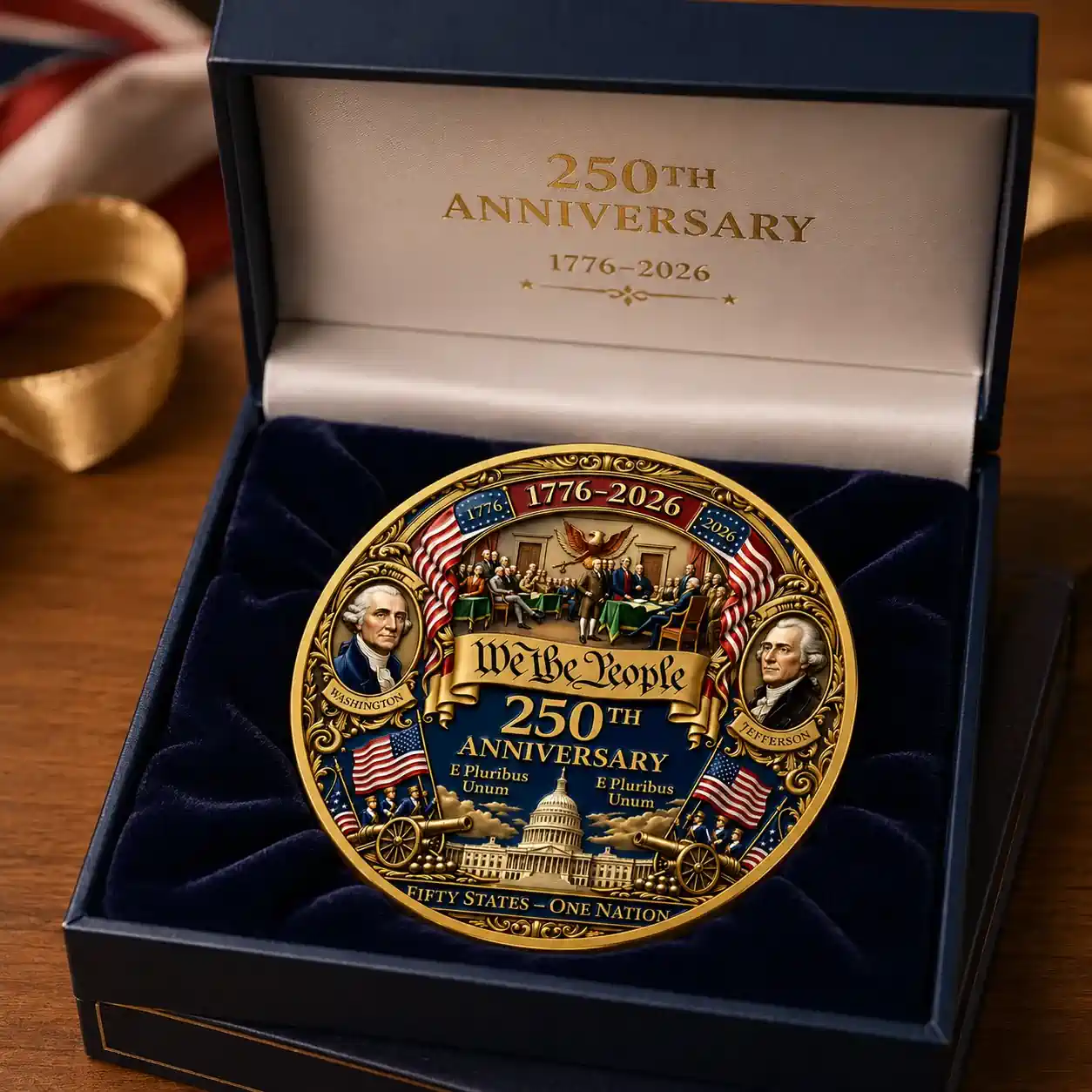 Commemorative 250th anniversary coin for the United States featuring Washington and Jefferson in a blue presentation box.