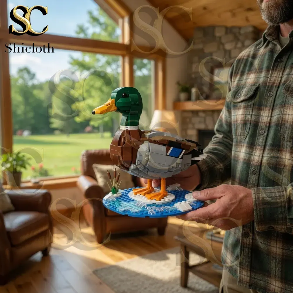 Wildlife Series Mallard Duck Collection Building Brick Set 4 Man holding Mallard Duck building brick model in cozy cabin room!