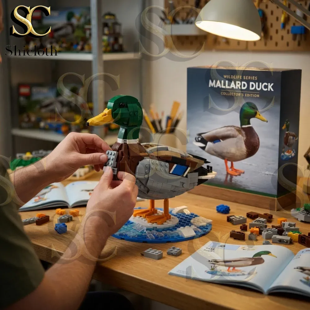 Wildlife Series Mallard Duck Collection Building Brick Set 3 Person assembling Mallard Duck building brick model at worktable!