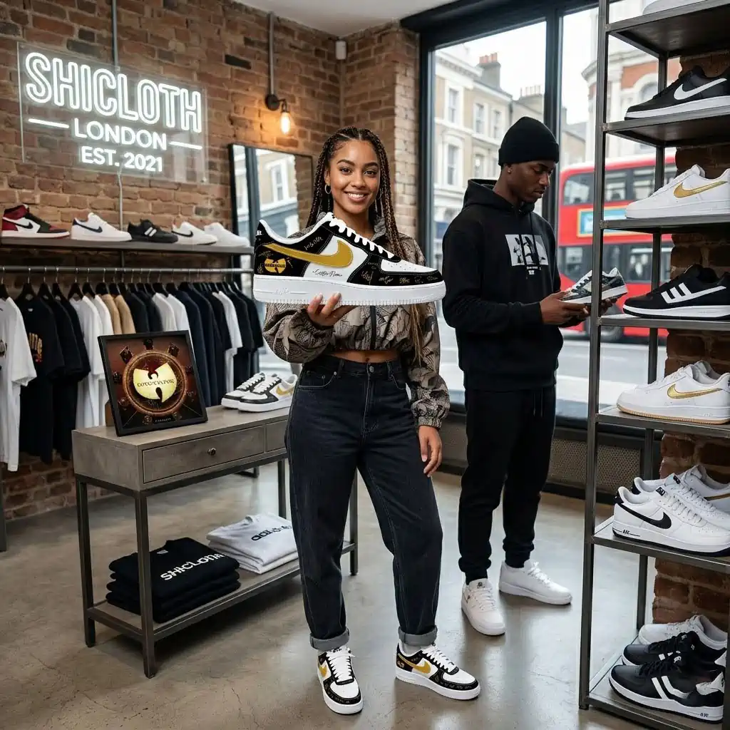 Woman holding Wu-Tang Clan AF1 sneakers inside Shicloth London store with clothing racks and shelves