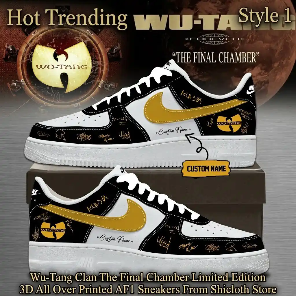 A model is holding a Wu-Tang Clan The Final Chamber limited edition AF1 sneaker inside Shicloth London store. The store features a neon sign, clothing racks, and sneakers on display. This image highlights the sneaker design and in-store shopping experience.