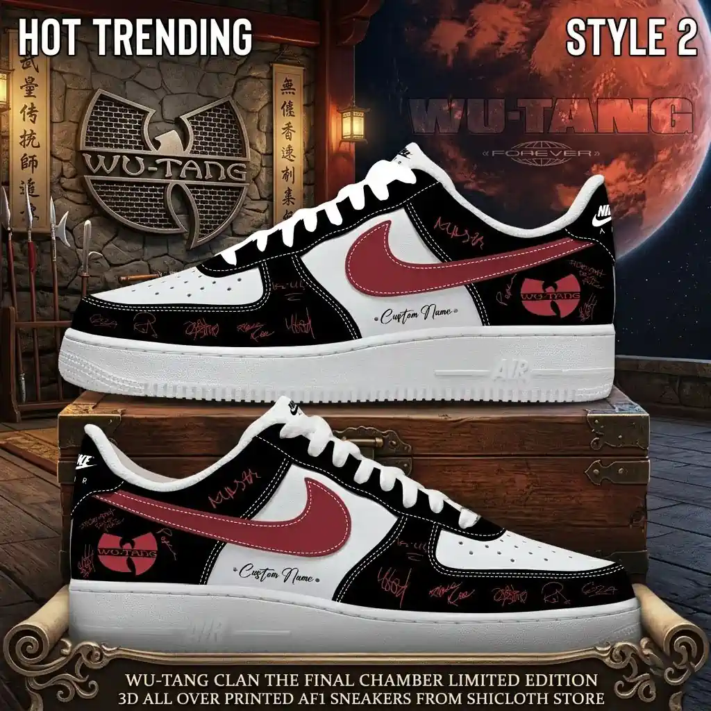 Wu-Tang Clan The Final Chamber Limited Edition 3D All Over Printed AF1 Sneakers 3 Wu-Tang Clan The Final Chamber AF1 sneakers style two with red swoosh on decorative background