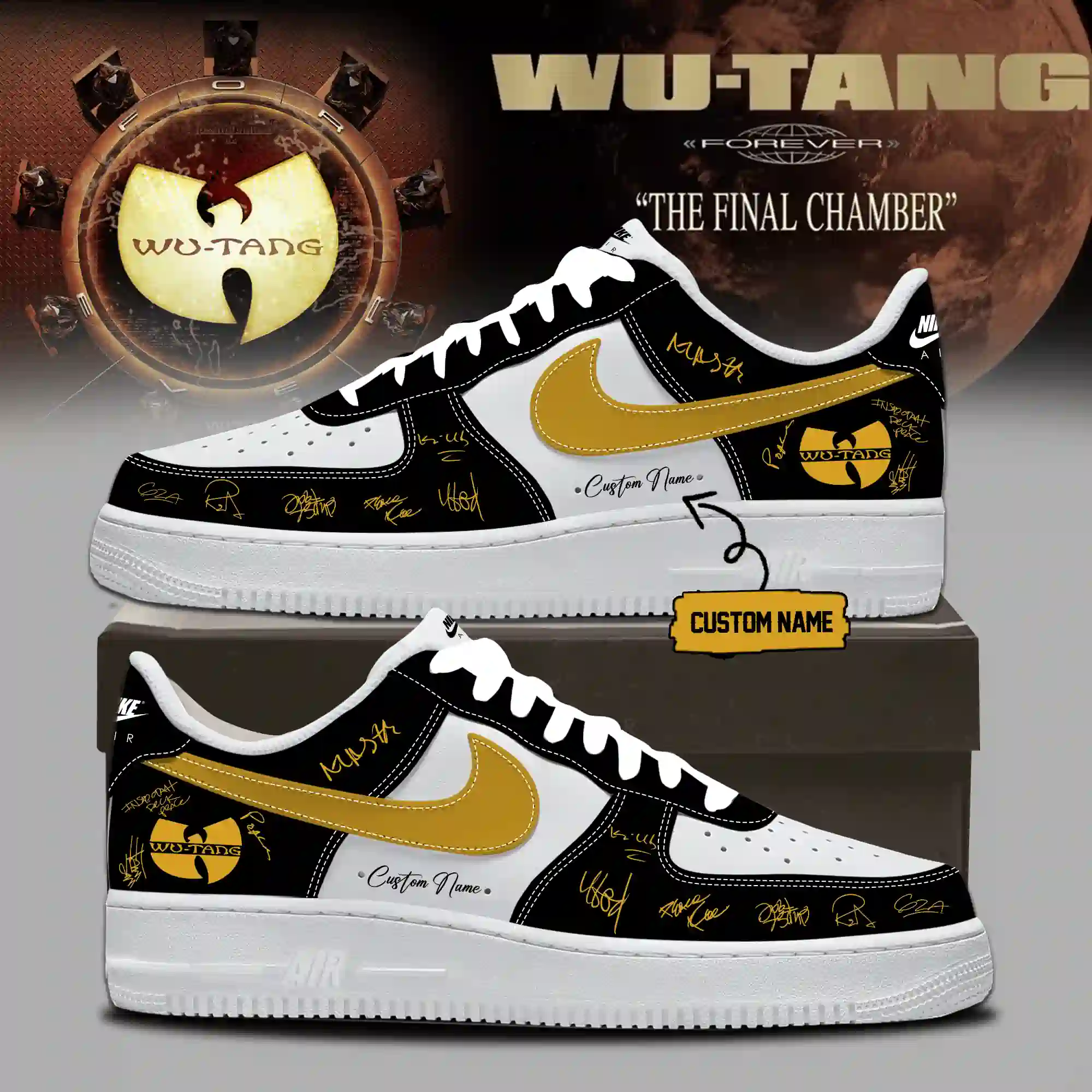 Wu-Tang Clan The Final Chamber Limited Edition 3D All Over Printed AF1 Sneakers 4 Close-up Wu-Tang AF1 sneaker style one with gold swoosh and signature prints