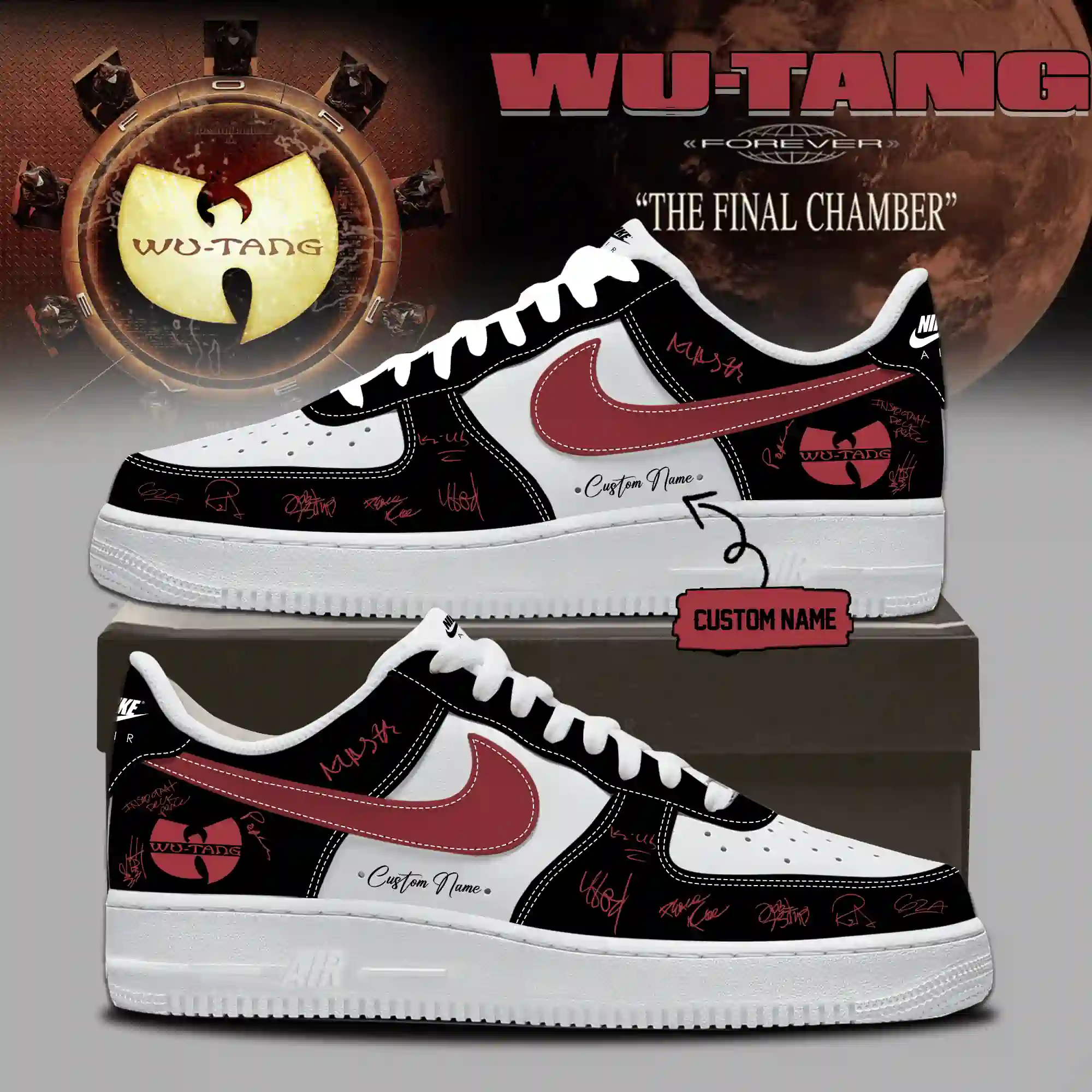 Wu-Tang Clan The Final Chamber Limited Edition 3D All Over Printed AF1 Sneakers 5 Close-up image showing Wu-Tang Clan The Final Chamber AF1 sneaker style one. Features include gold swoosh, signature prints, and customizable name. Highlights intricate details and premium design.