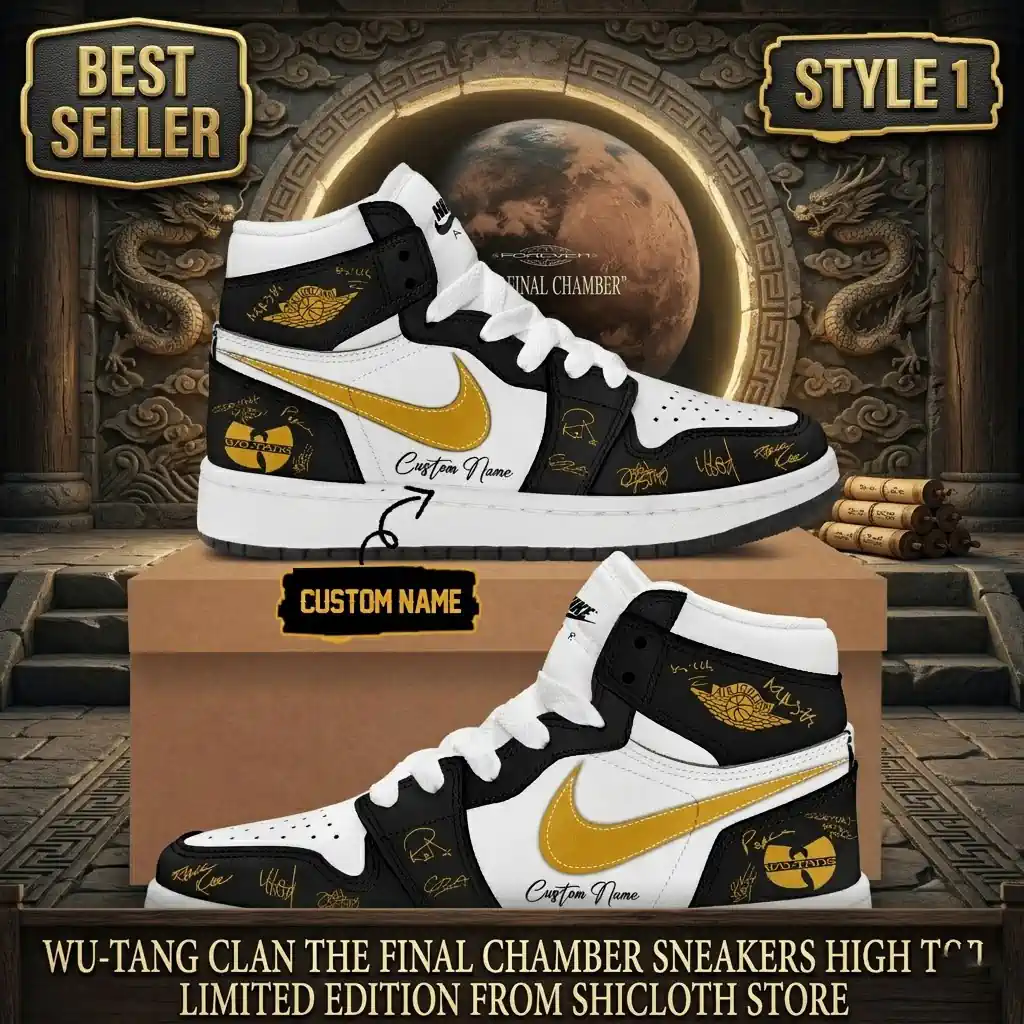 Close-up of Wu-Tang Clan The Final Chamber High Top sneakers in gold color