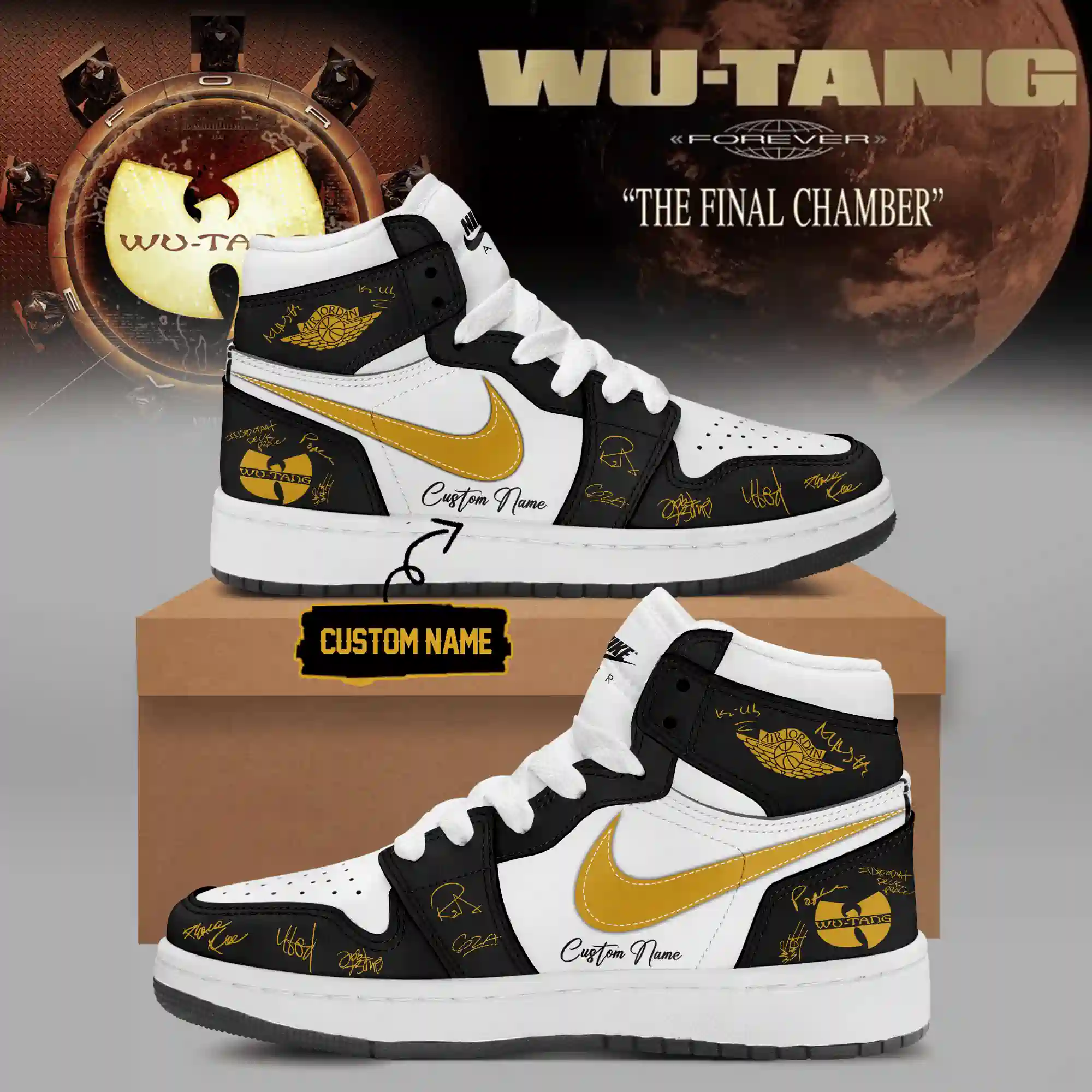Wu-tang Clan The Final Chamber Sneakers High Top Limited Edition 4 Close-up view of gold Wu-Tang Clan The Final Chamber sneakers showing details