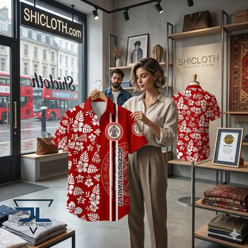 woman holding red floral football shirt inside shicloth fashion store!