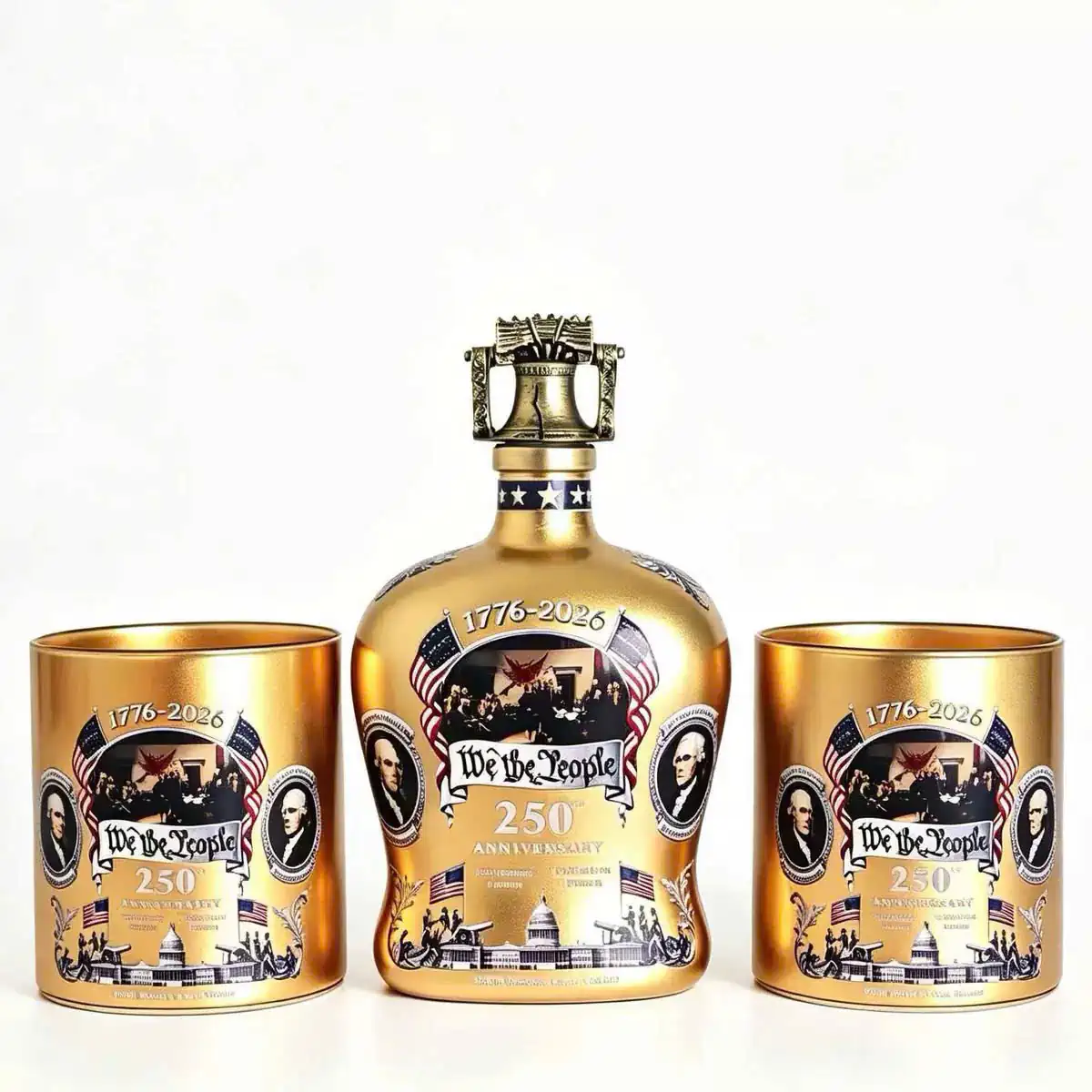 We The People 250th Anniversary Golden Bottle And Glass Combo Set 5 We The People golden bottle and matching glasses on white background!