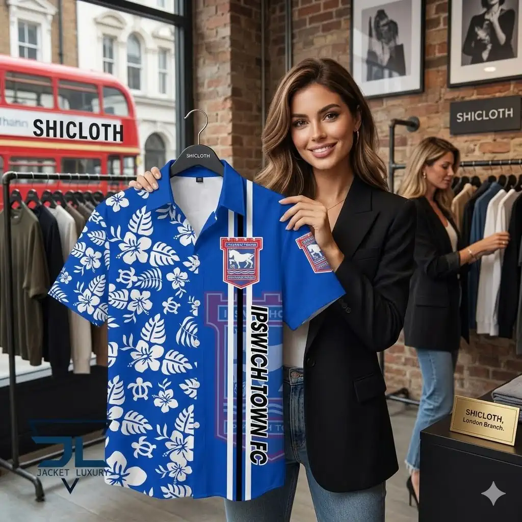 Woman holding a blue floral football style shirt in a fashion store!