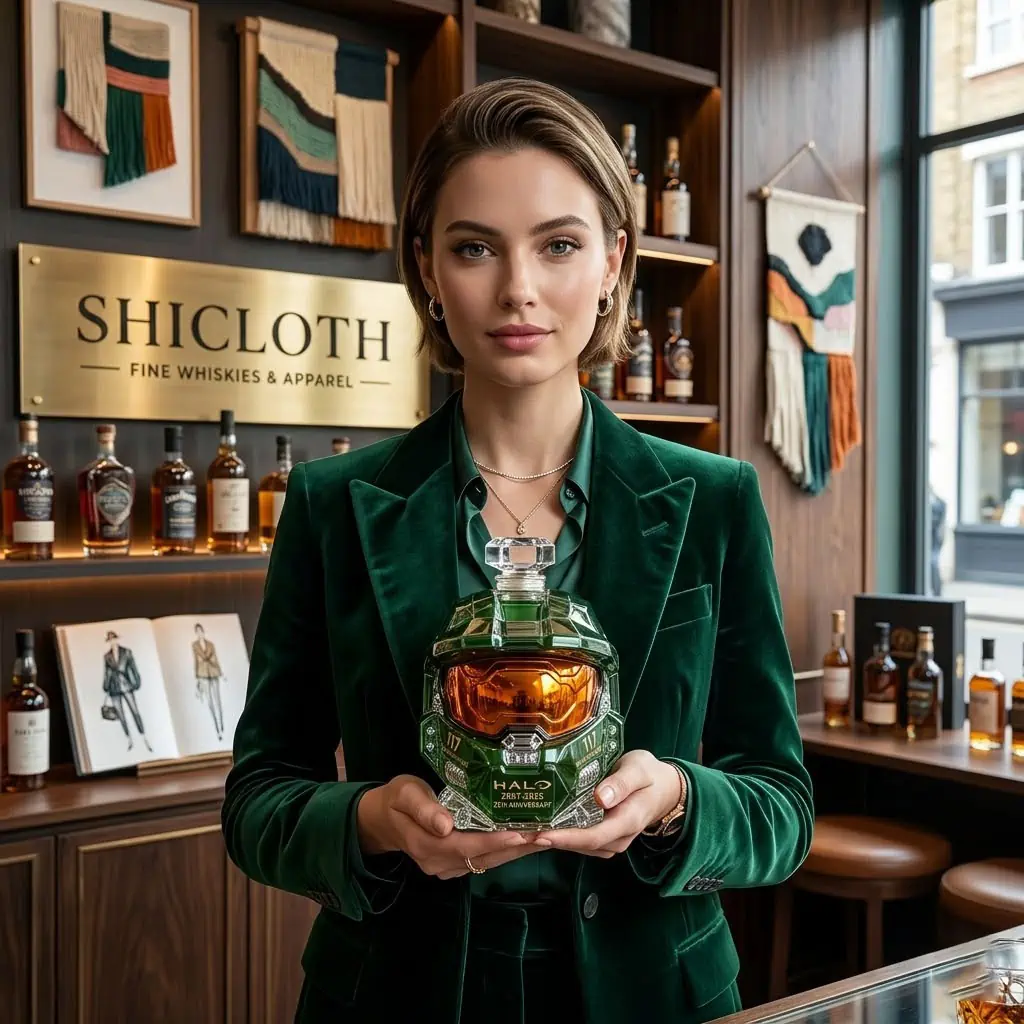 Woman holding a custom Halo Master Chief helmet whiskey decanter in a boutique distillery shop.